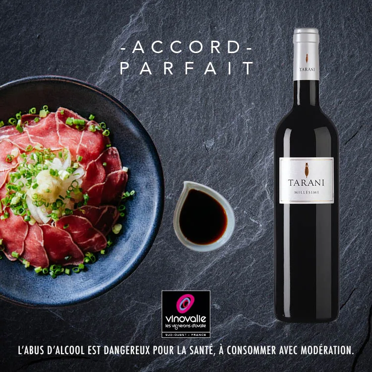 Vin rouge Tarani avec un Tataki de boeuf